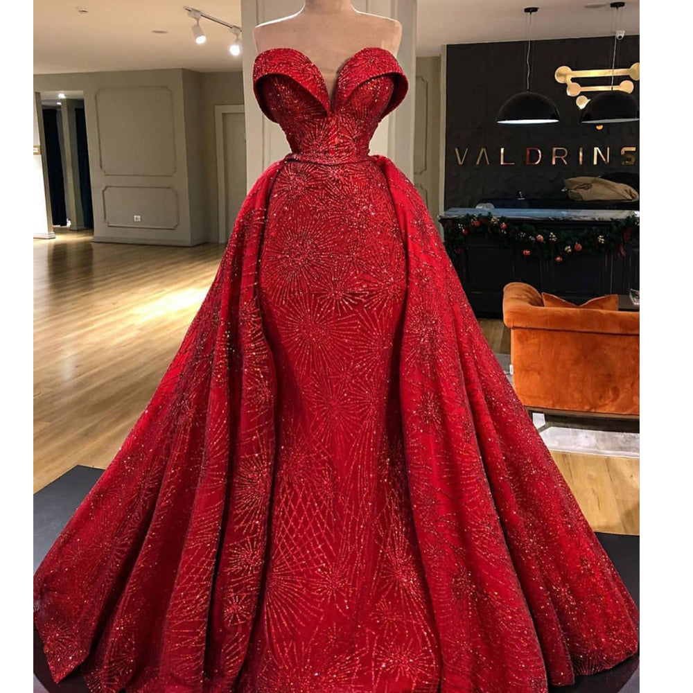 Red Prom Dresses Long Sleeve Party Dresses 2020 Detachable Train