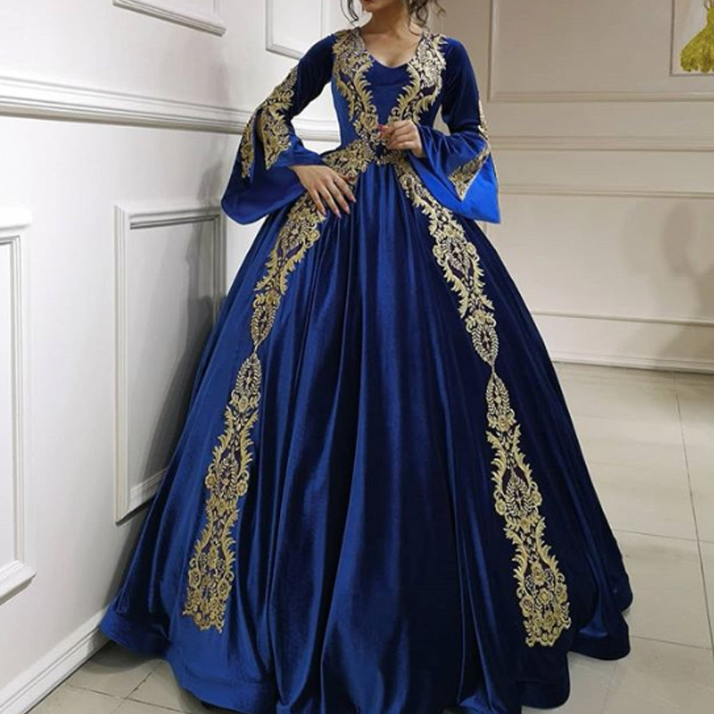 Royal Blue Prom Dresses 2020 V Neck Long Sleeve Lace Appliques