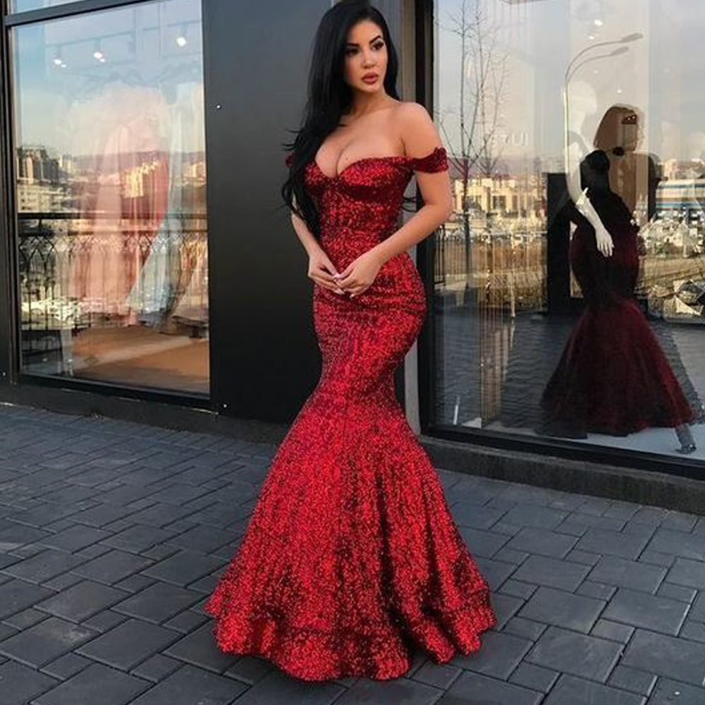 Off The Shoulder Prom Dress Red Prom Dress Elegant Prom Dress Long Sleeve Prom Dress Satin Dress On Luulla