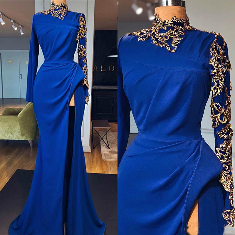 Royal Blue Mermaid Prom Dresses High Neck Long Sleeves Side Split