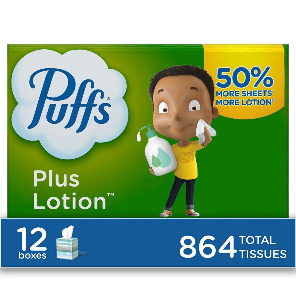 Puffs Plus Lotion 2-Ply Facial Tissues, Cube Boxes (72 tissues/box, 12 boxes) (Pack of 10)