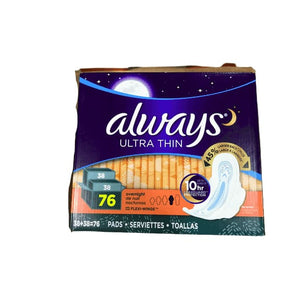 Always Ultra Thin Overnight Pads With Wings, Unscented, 76 Count