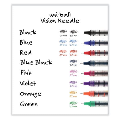 Uni-Ball Vision Needle Stick Roller Ball Pen, Fine 0.7mm, Assorted Ink, Silver Barrel, 8/Set
