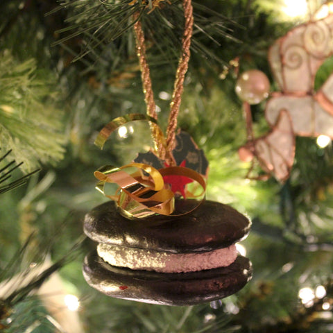 hanging whoopie pie ornament on a christmas tree