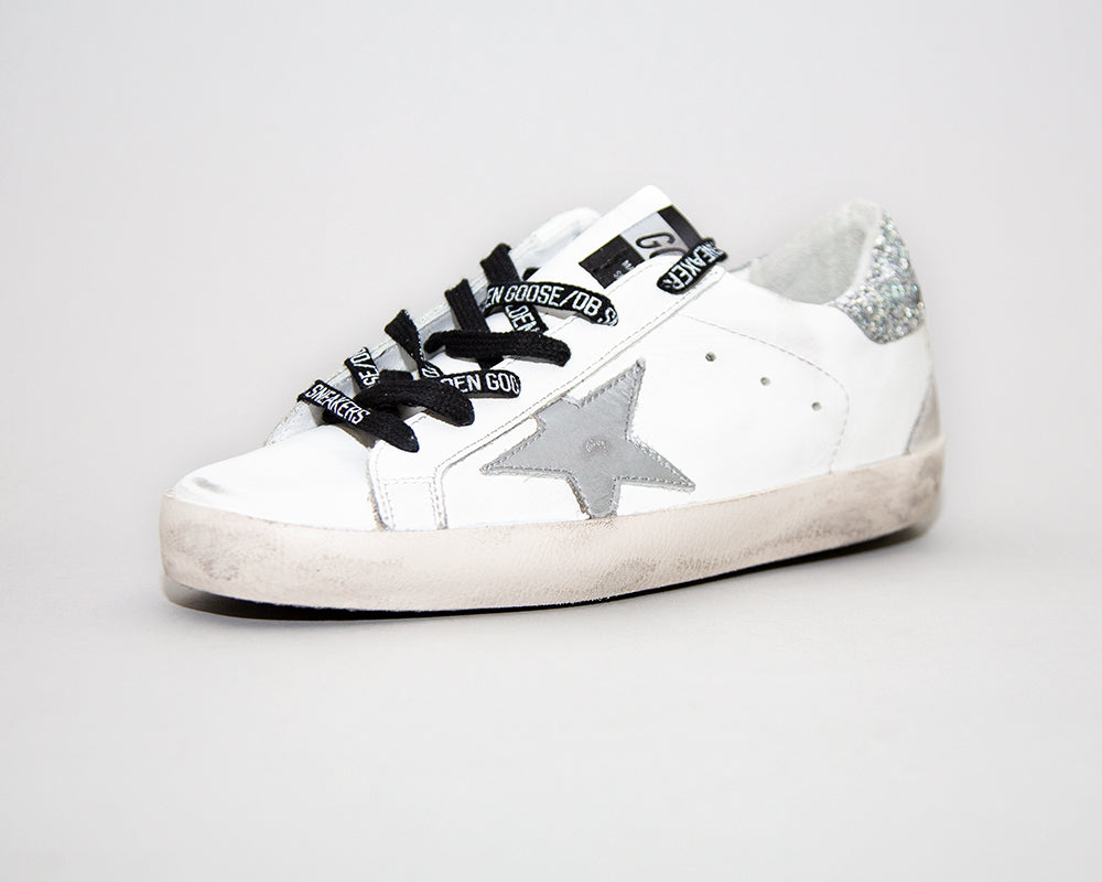 golden goose white and silver superstar sneakers