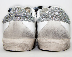 superstar sneakers with silver heel tab with glitter and metal stud lettering