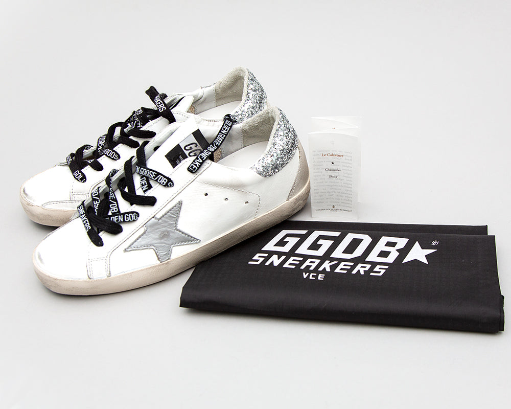 golden goose white & silver glitter tab superstar sneakers