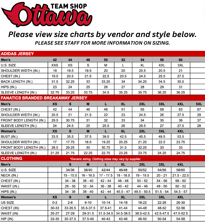 Ottawa Senators Merch Sizing Chart