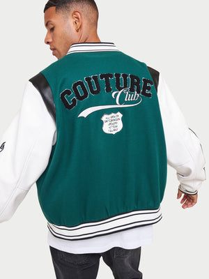 The Couture Club Satin Bomber Jacket with Varsity Badging in Black
