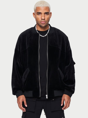 The Couture Club Satin Bomber Jacket with Varsity Badging in Black