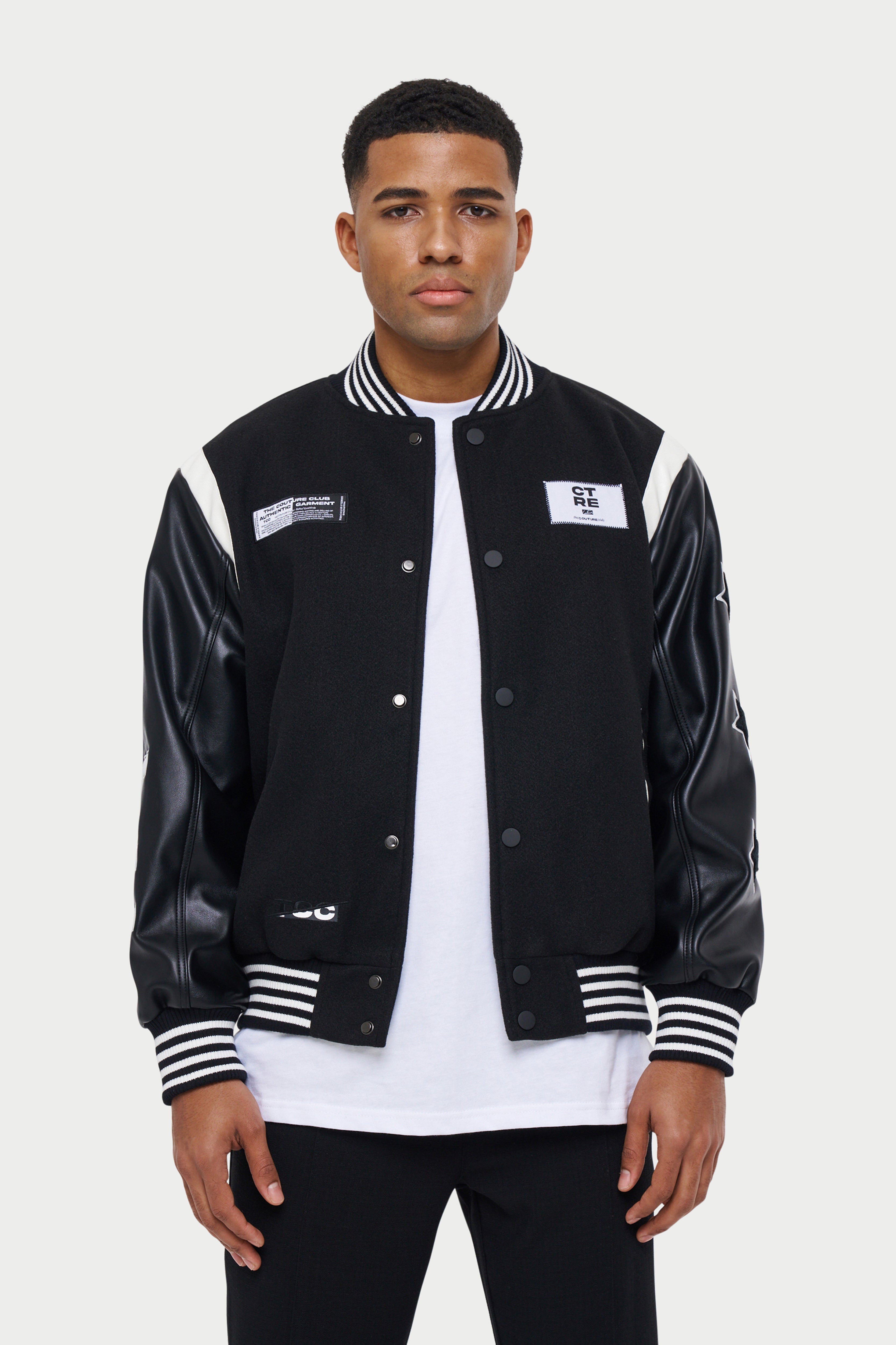BADGED VARSITY JACKET - BLACK – The Couture Club