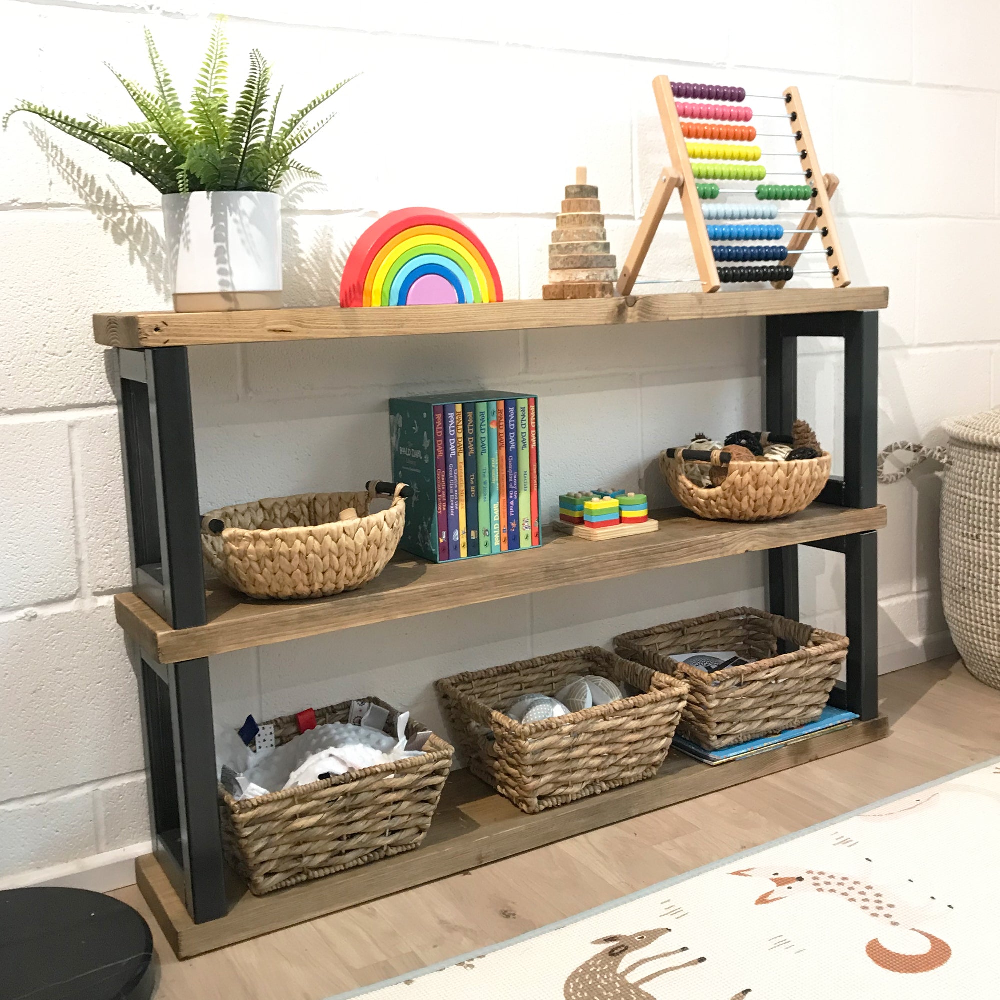 toy storage shelf with baskets