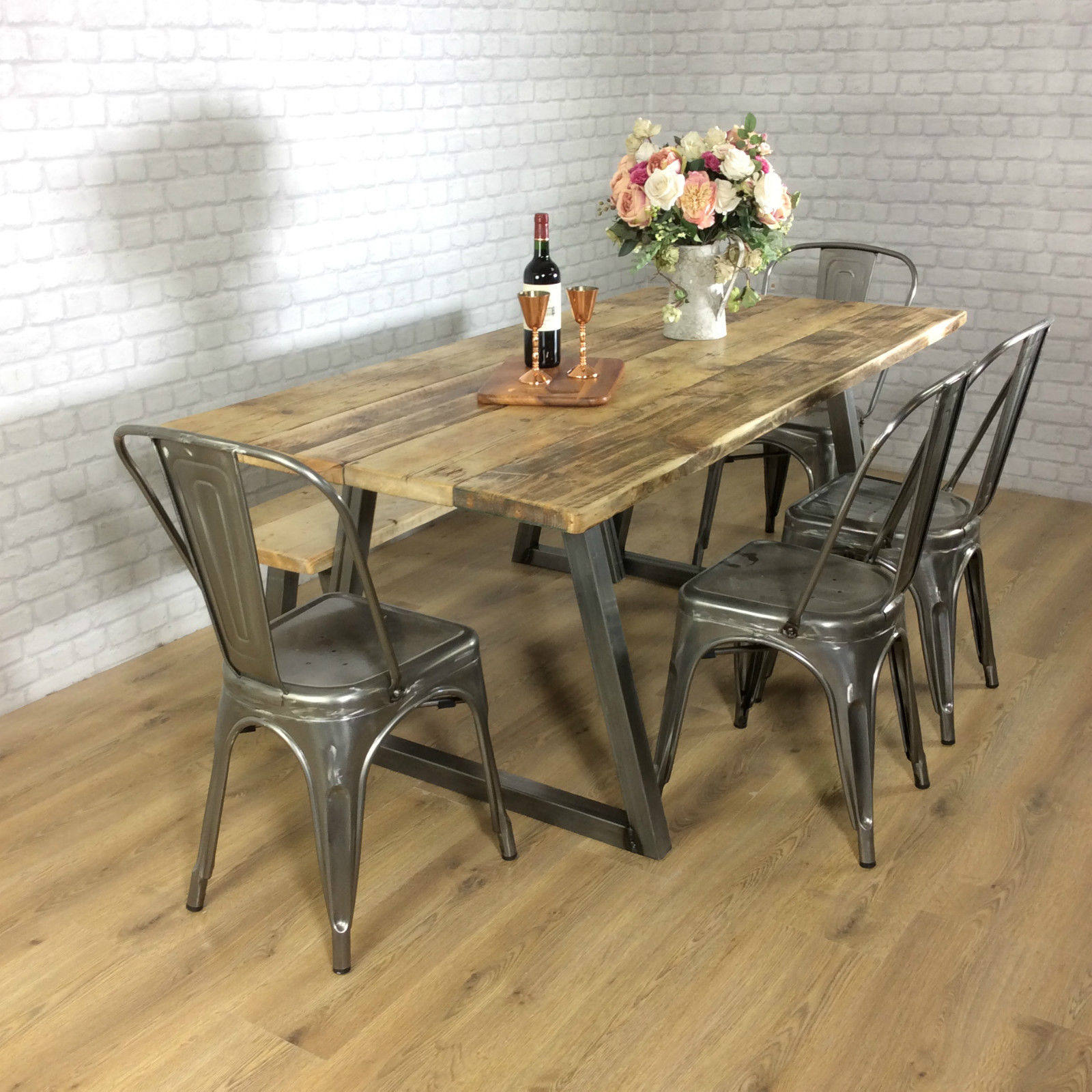 Rustic Dining Table Industrial 6 8 Seater Solid Reclaimed Wood Metal B Shabby Bear Cottage