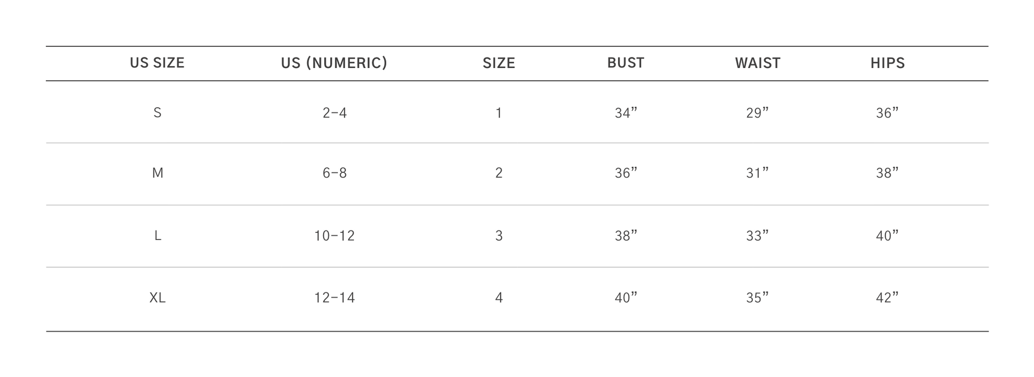 Size chart (desktop)