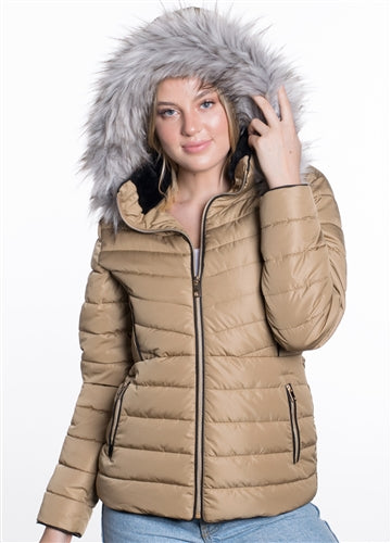 womens puffer jacket faux fur hooded