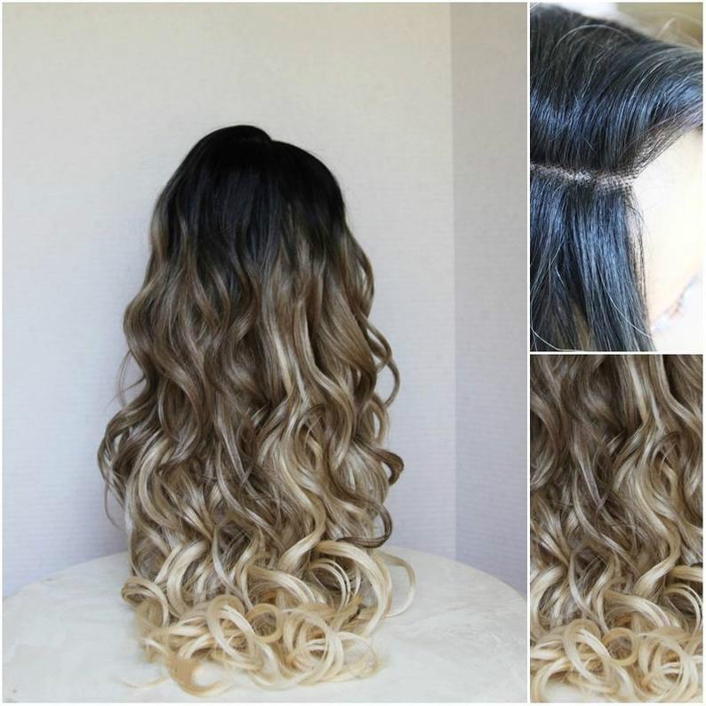 Long Ombre Lace Front Wig Dark Roots Heat Safe Wavy Curly Hair