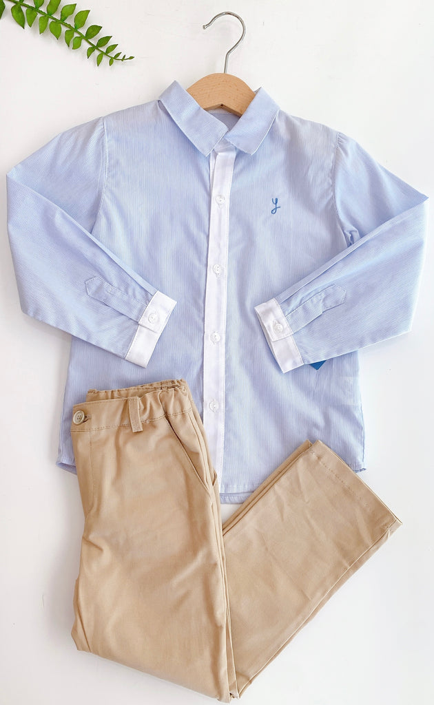 Legado Hueco Empuje hacia abajo Conjunto pantalón beige y camisa azul claro | Bostecitos