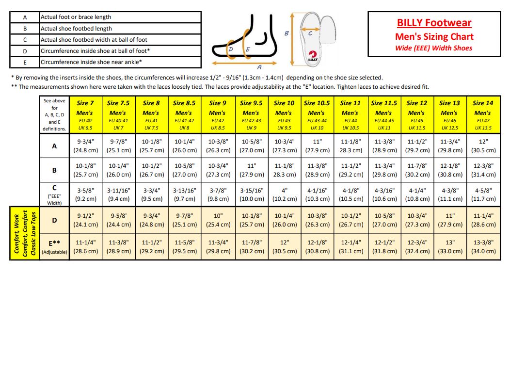 Billy Size Chart