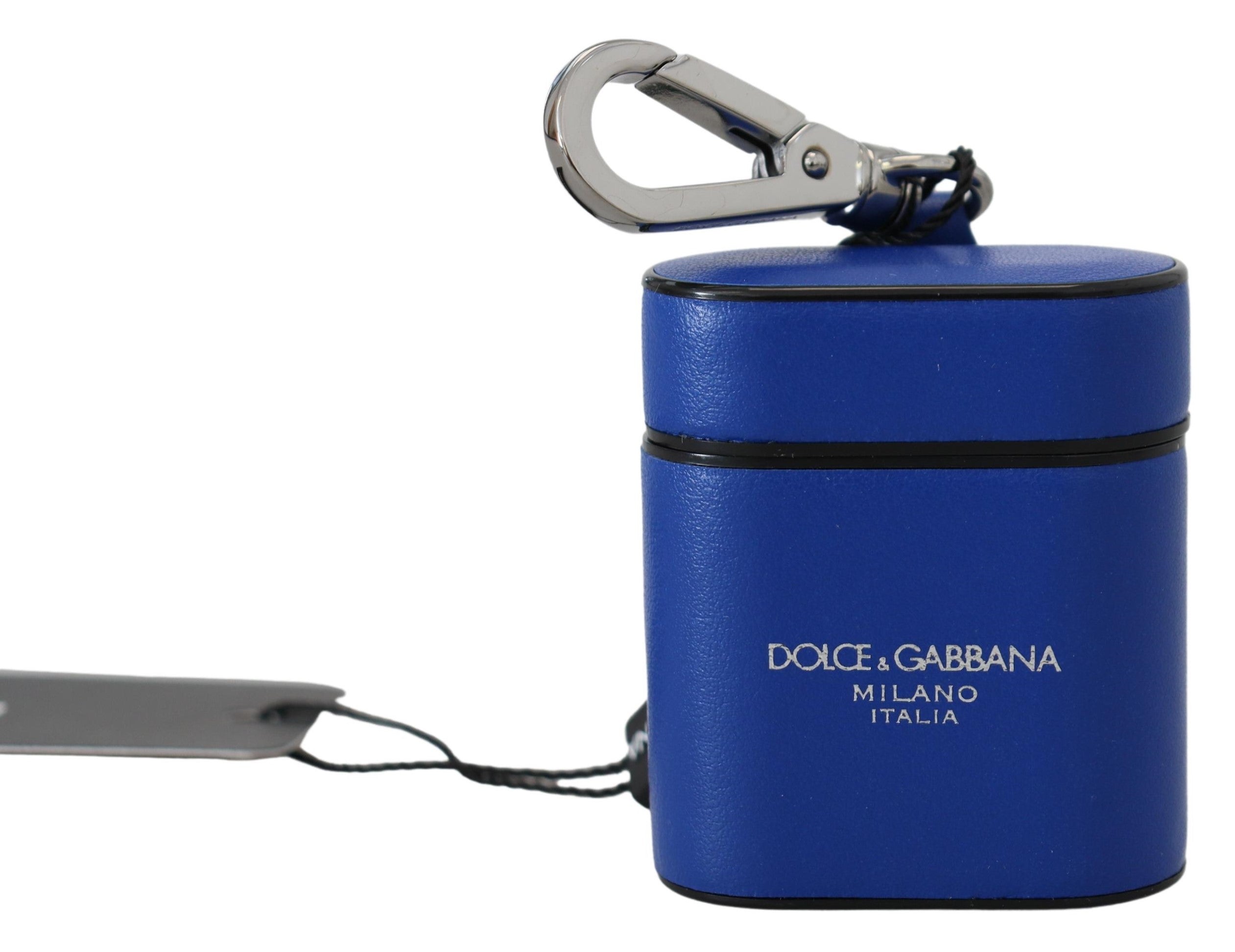 Dolce & Gabbana Blå Læder Sølv Metal Logo Airpods Case