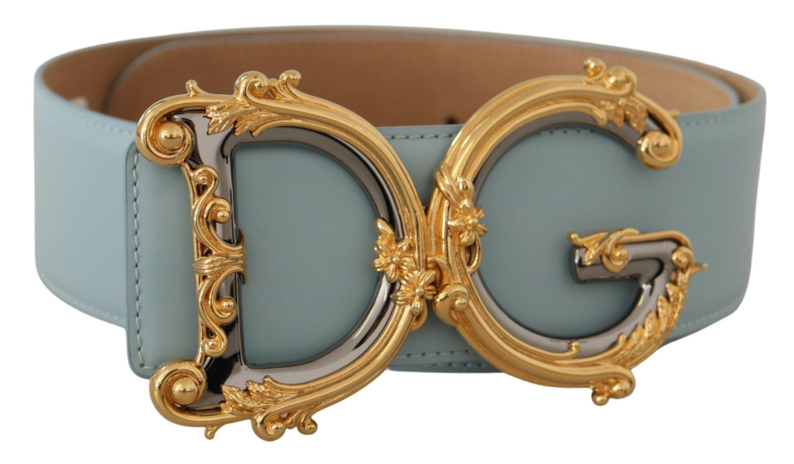 Dolce & Gabbana Blå Læder Wide Waist DG Logo Baroque Guld Buckle Bælte