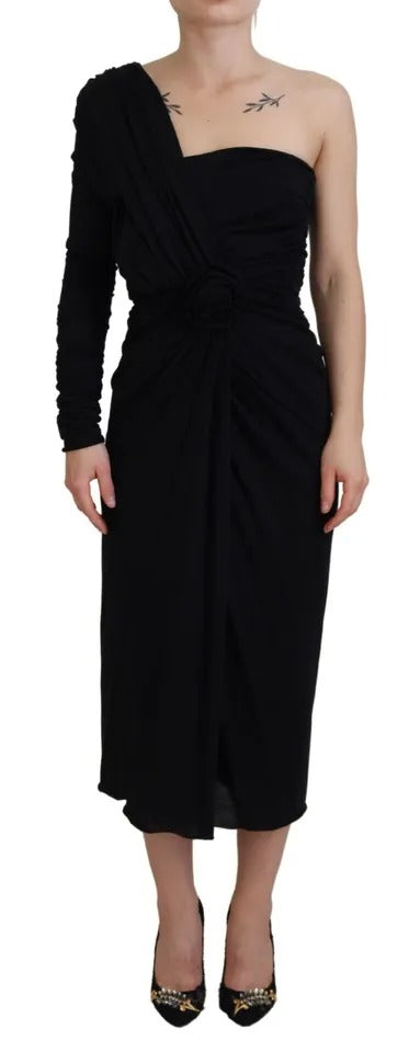Billede af Dolce & Gabbana Black Wrap Sheath One Shoulder Wool Dress
