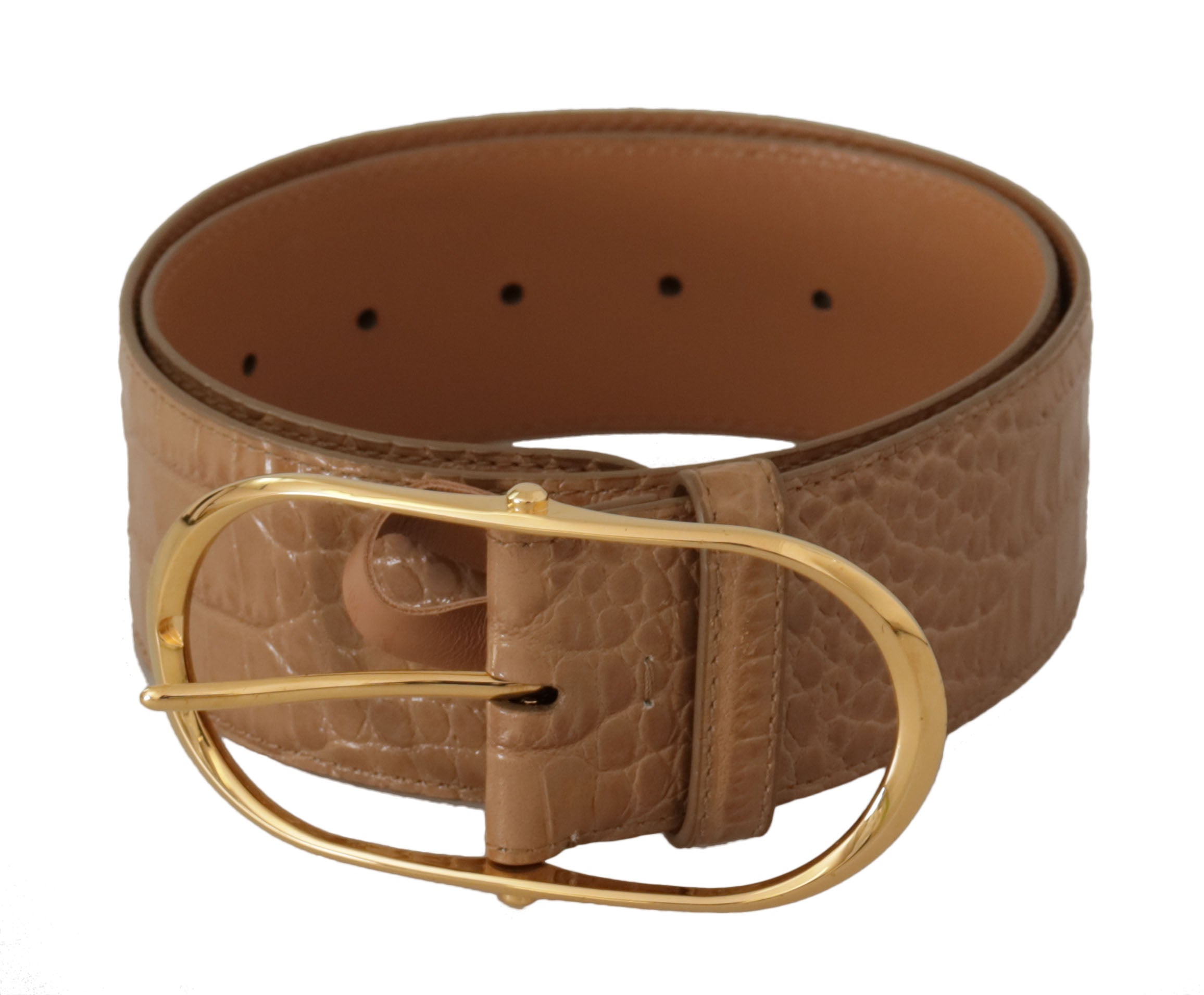 Dolce & Gabbana Brun Beige Læder Guld Metal Oval Buckle Bælte