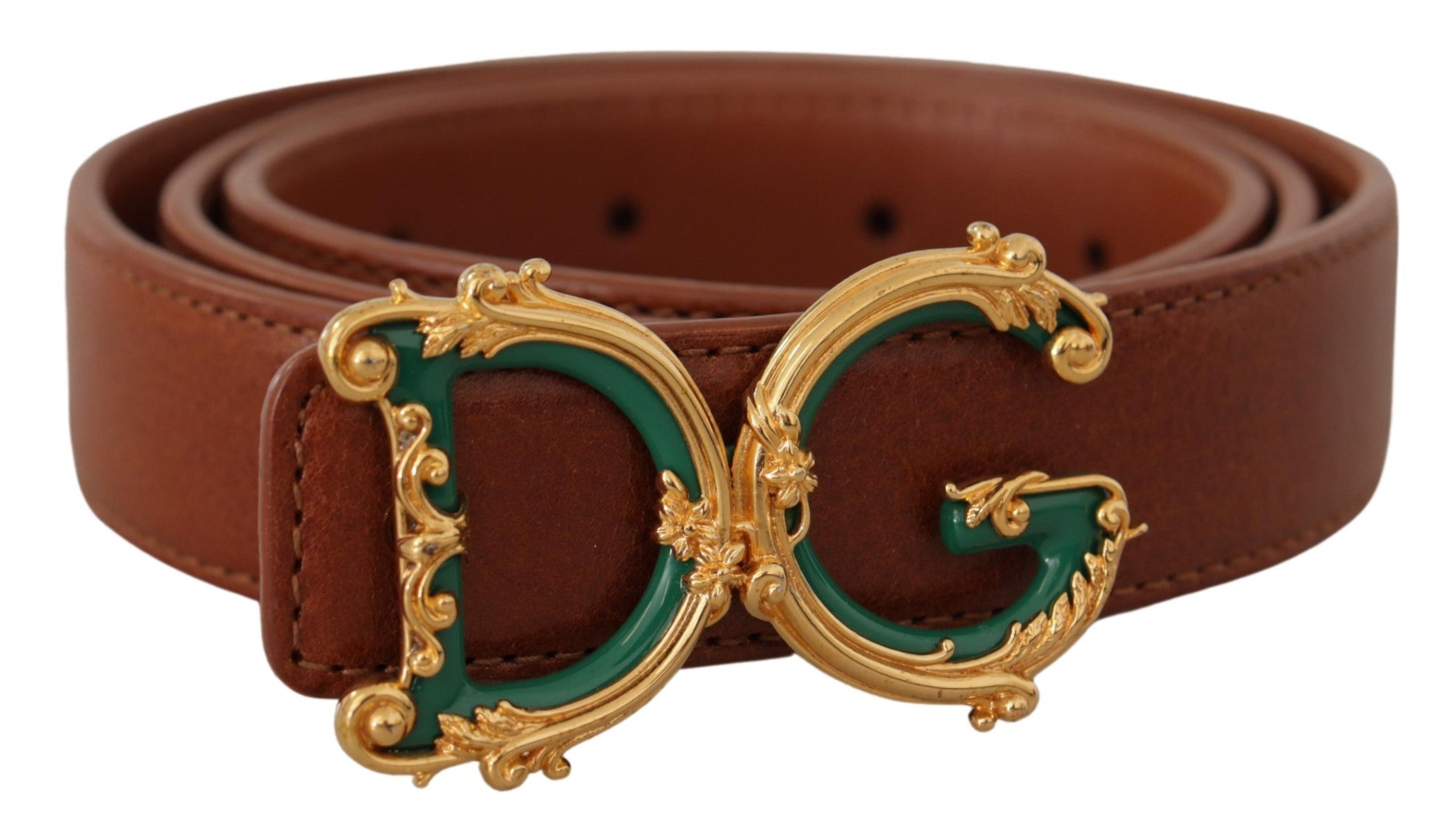 Dolce & Gabbana Brun Læder Baroque Guld DG Logo Waist Buckle Bælte