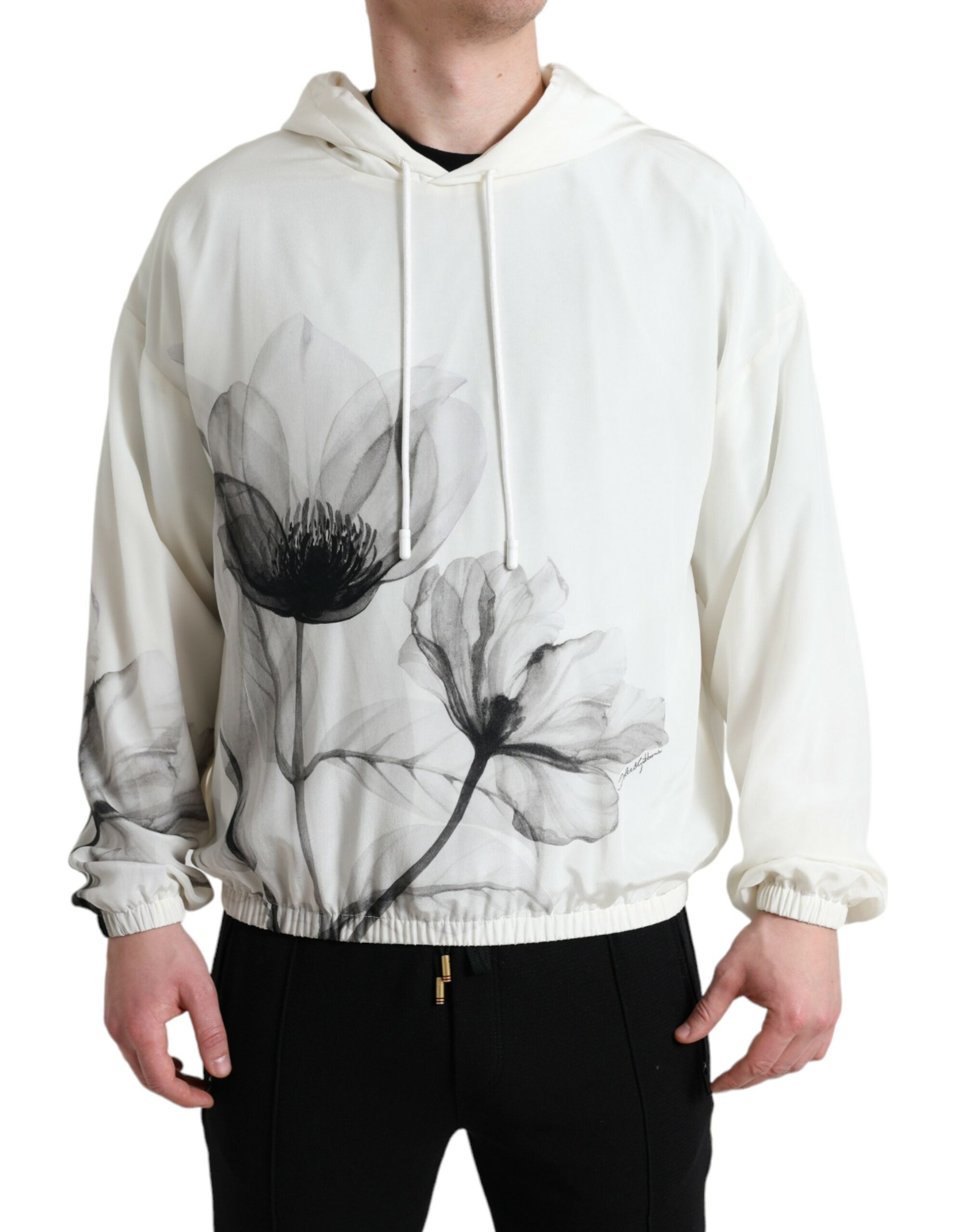 Dolce & Gabbana Hvid Floral Print Hooded Pullover Sweater