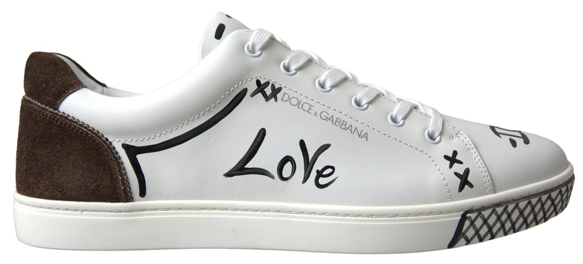 15: Dolce & Gabbana Hvid Læder Brun LOVE Casual Sneakers