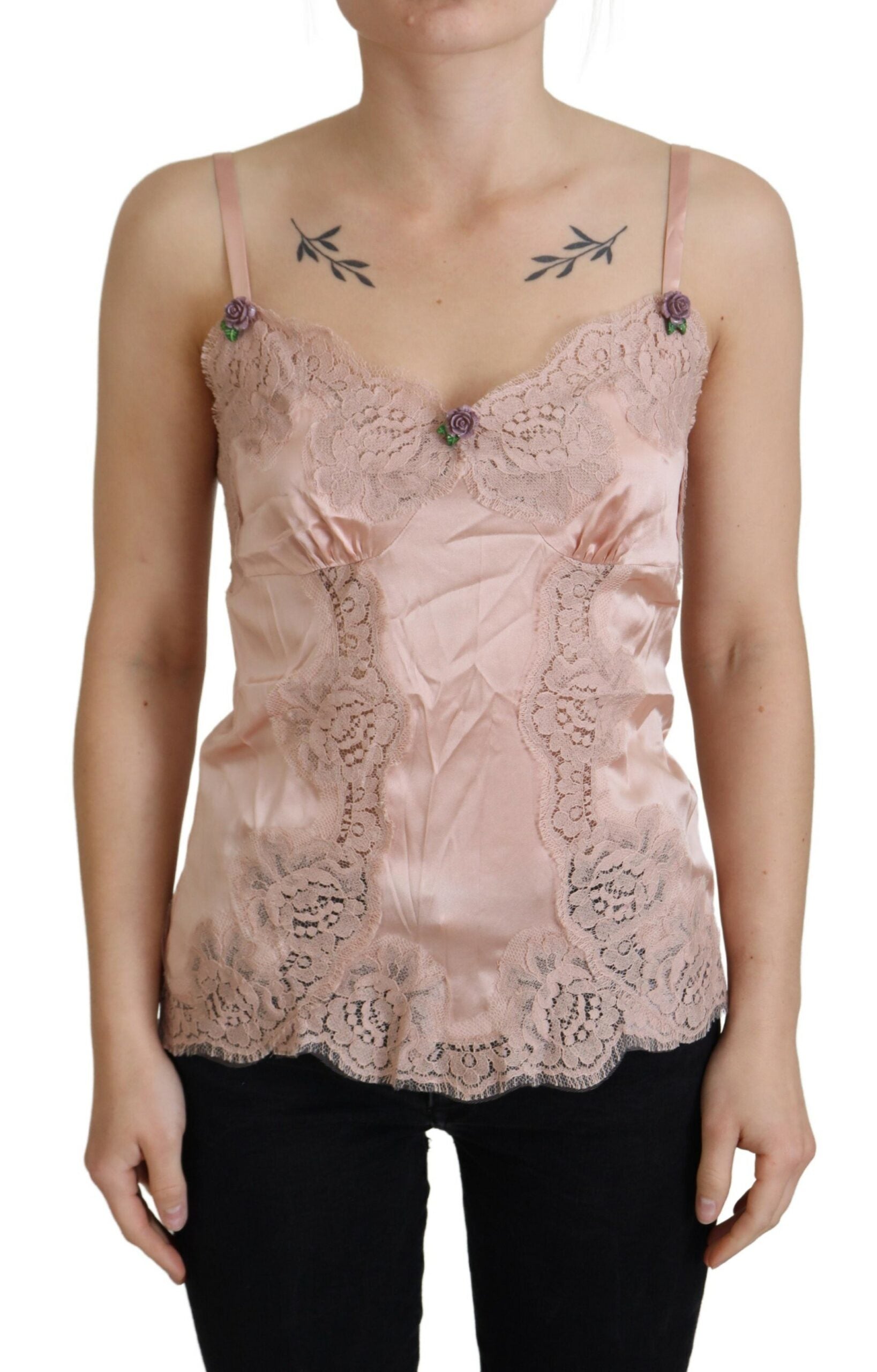 #2 - Dolce & Gabbana Pink Satin Lace Roses Tank Top Lingerie