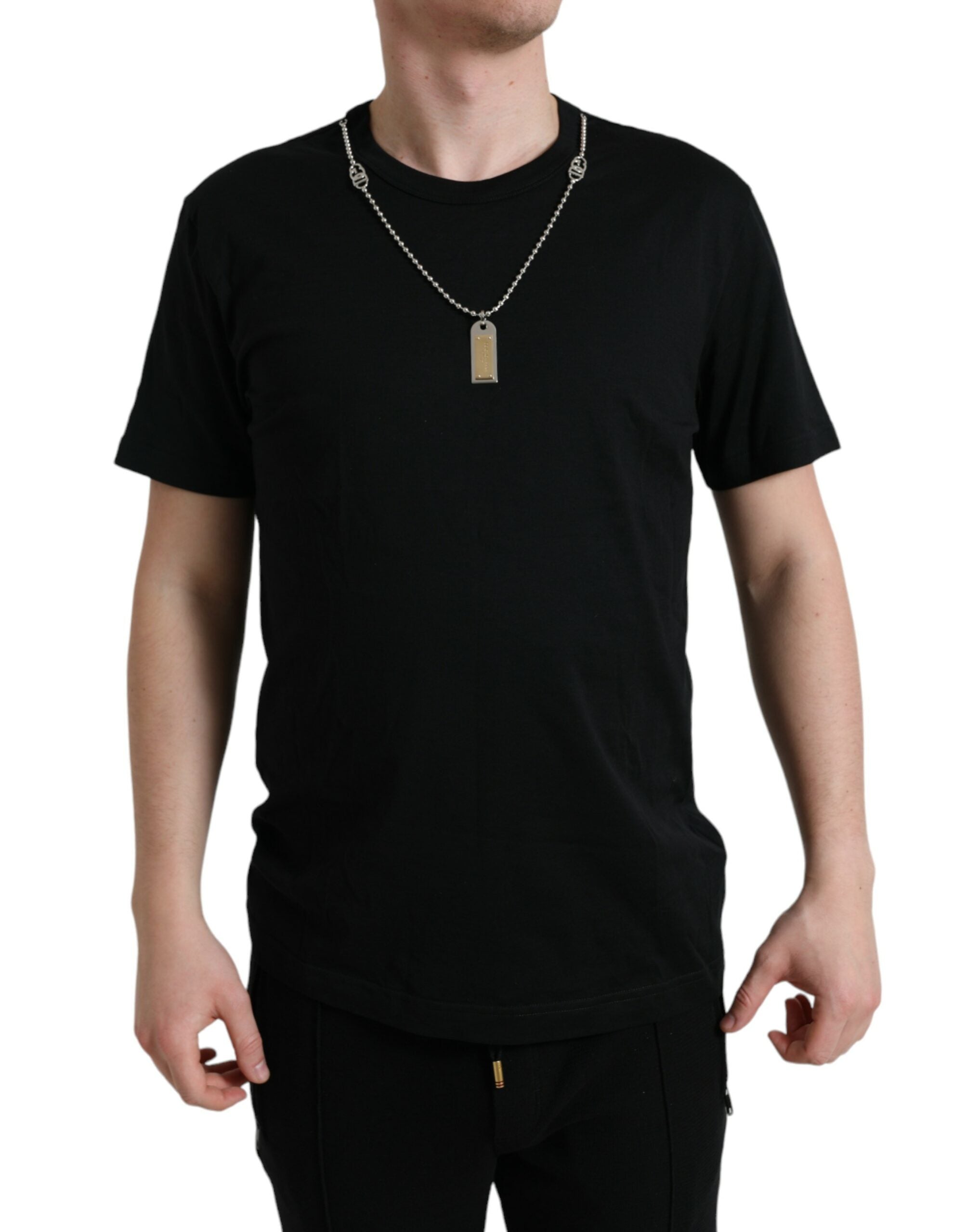 Dolce & Gabbana Sort Bomuld Dog Tag Round Neck T-shirt