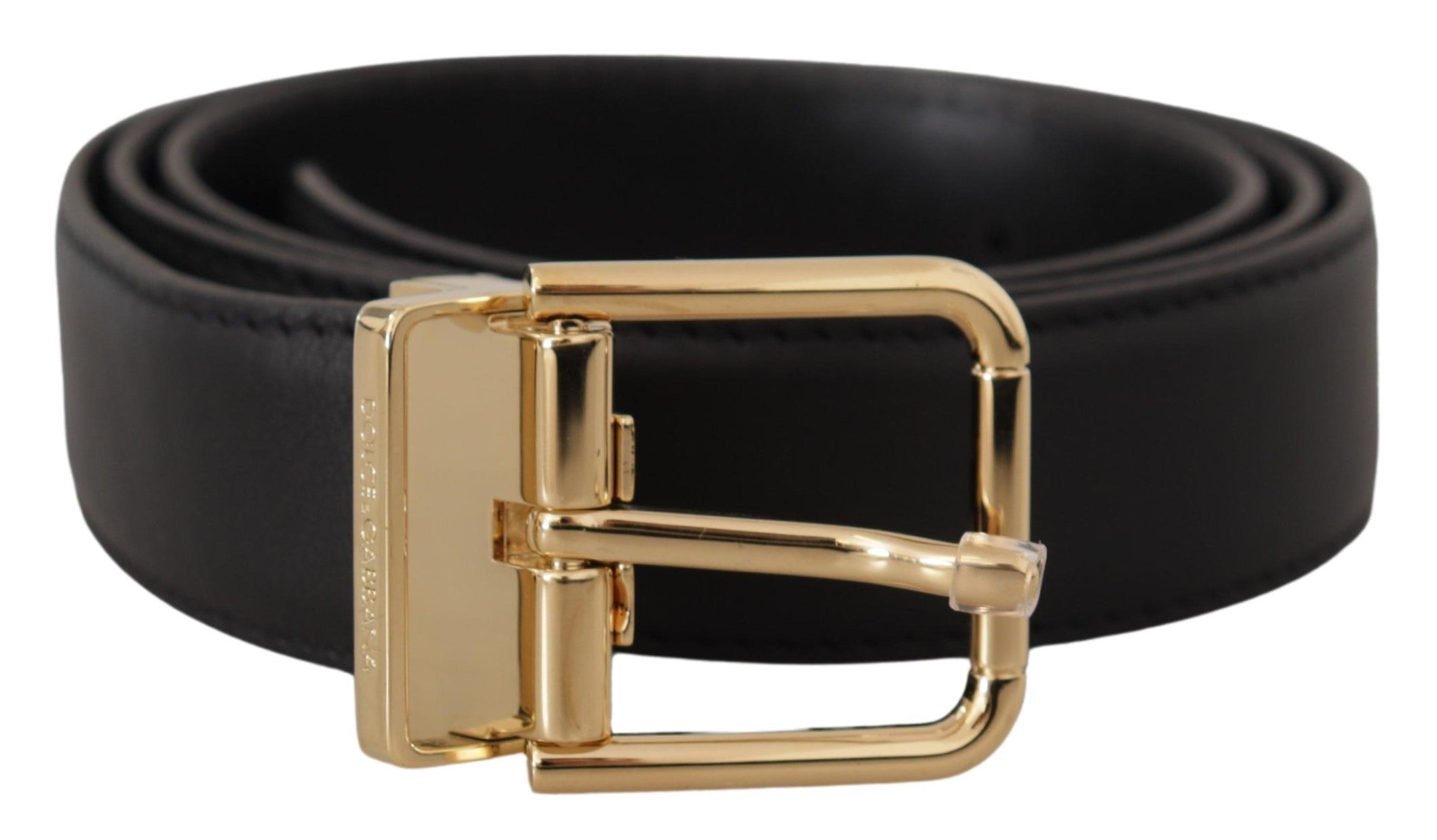 Dolce & Gabbana Sort Læder Guld Logo Metal Spænde Bælte