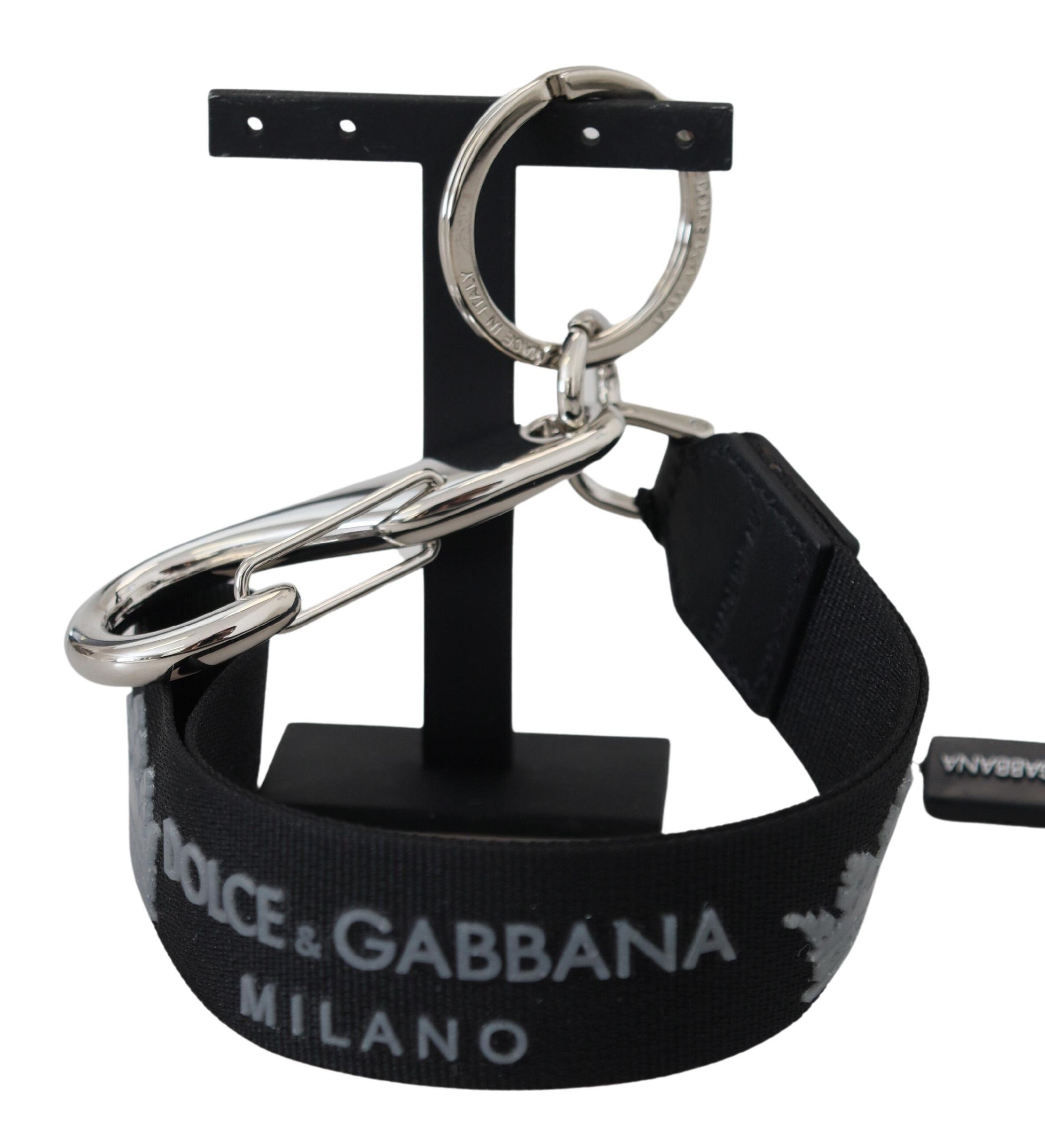 Dolce & Gabbana Sort Polyester Logo Sølv Tone Brass Keychain