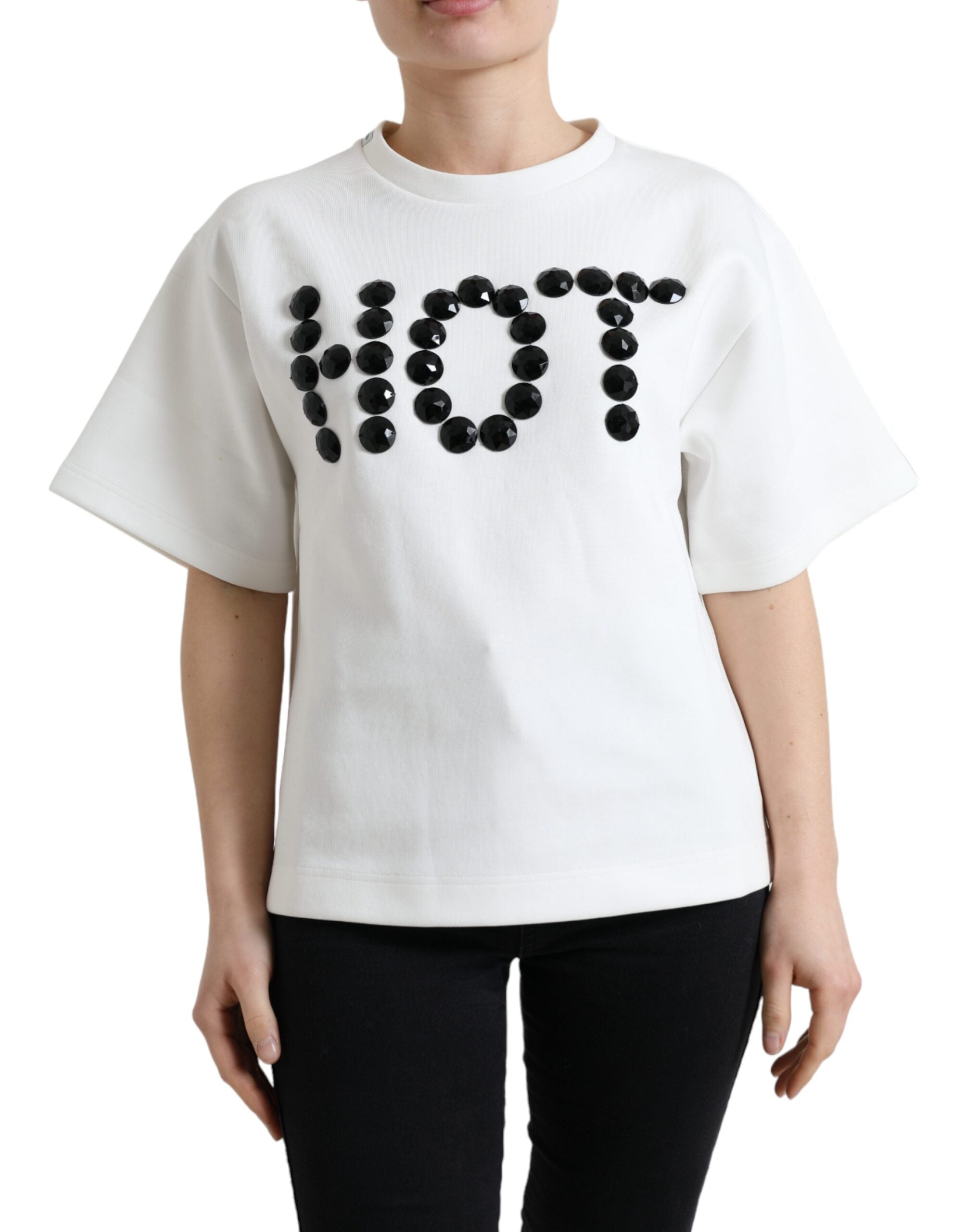 Dolce & Gabbana T-shirt Hvid Bomuld Stretch Sort HOT Crystal