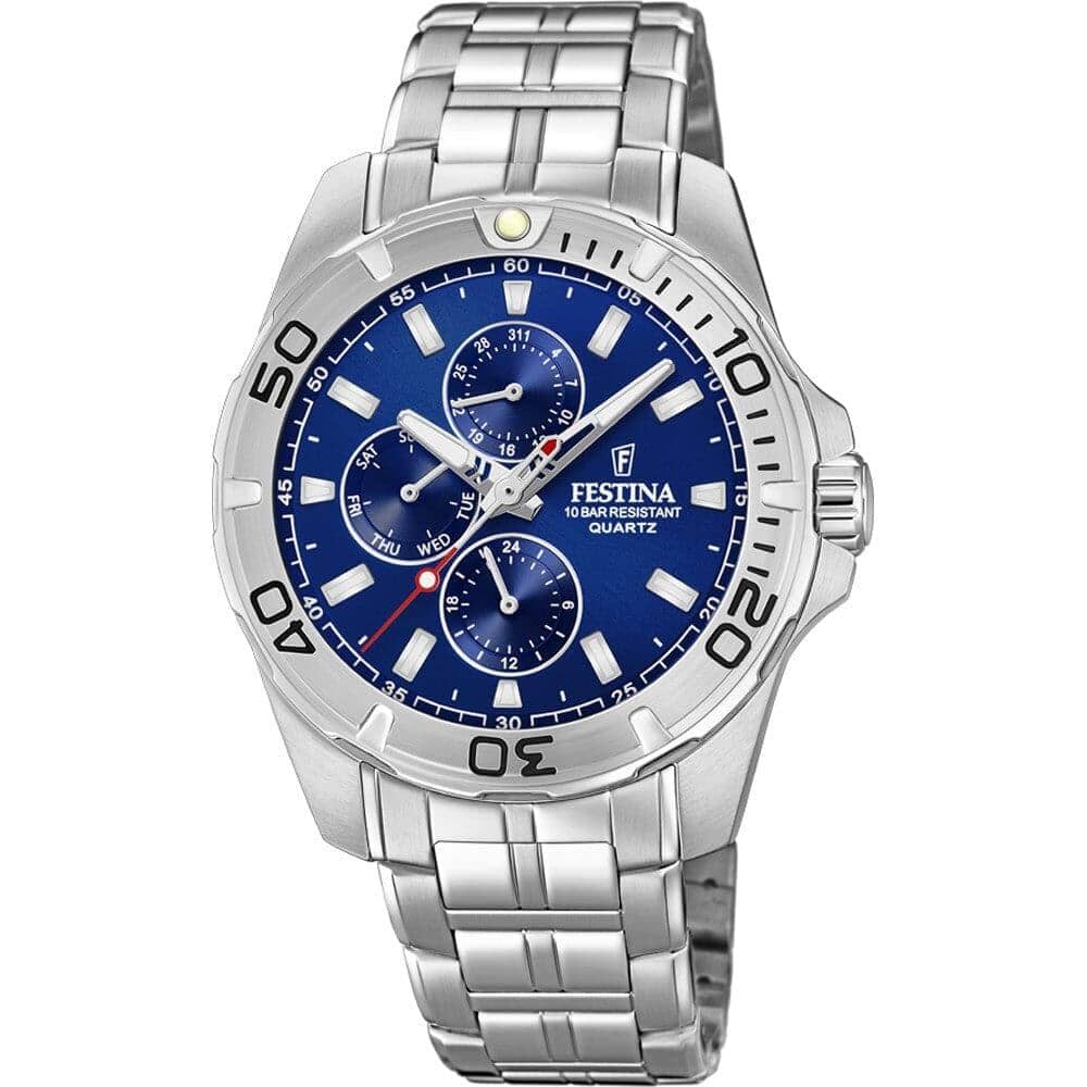 12: Festina chronograph armbåndsur i stål med mørkeblå skive og lænke