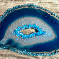 Blue Agate Slice (Approx 3.4" Long) with Quartz Crystal Druzy Geode Center