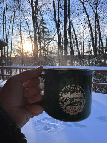 Explore Wisconsin paddle campfire mug in green