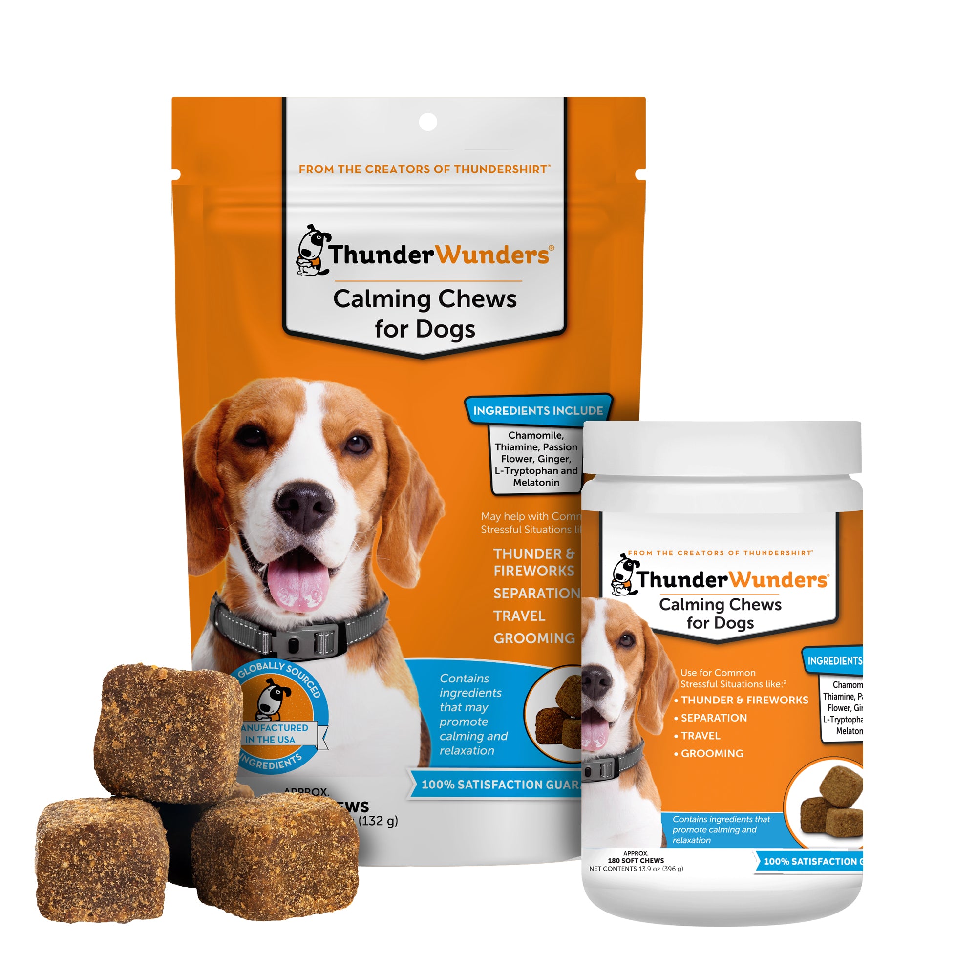 gThunder Calming Chews for Dogs INGREDIENTS INCLUI Thiamine, Passic Flower, Gingel L-Tryptophan a Melatonin gThunder Calming Chews for Dogs Contains Chamom ingredients Thiamine, P: that may Flower, Gir promote L-Tryptophz calming and Melaton relaxation 100% SATISFACTION GU i e promote calming and CErerer APPROX. 180 SOFT CHEWS 100% SATISFACTION NET CONTENTS 139 0z 396 g 