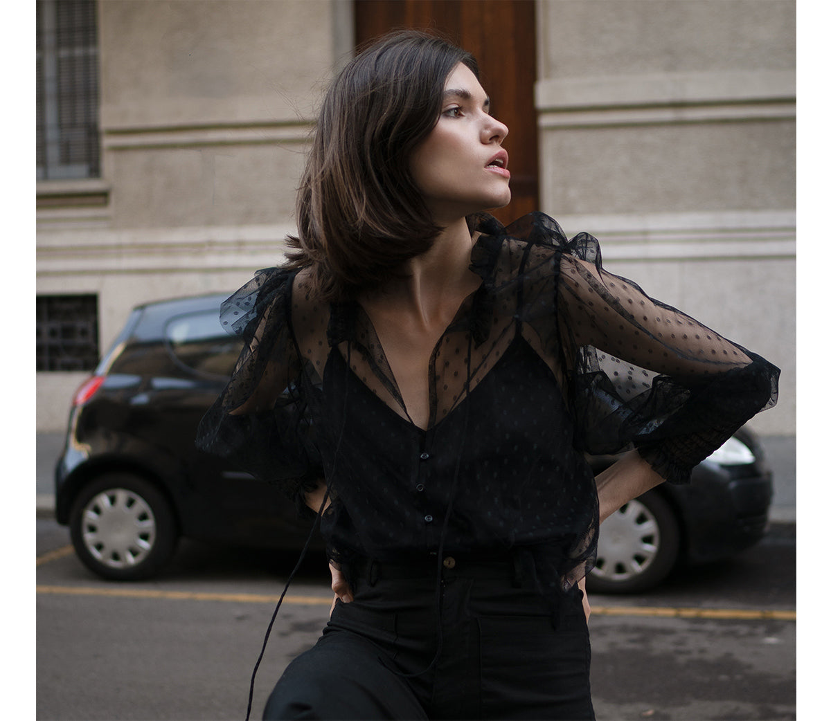 black lacey top of Milan Campaign Amour AW22