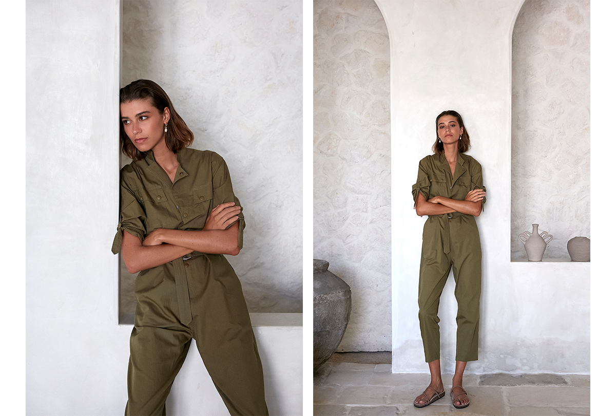 Jade Dark Green Cotton Utility Jumpsuit