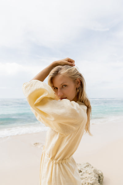 The Sofia Maxi Linen Dress in Almond