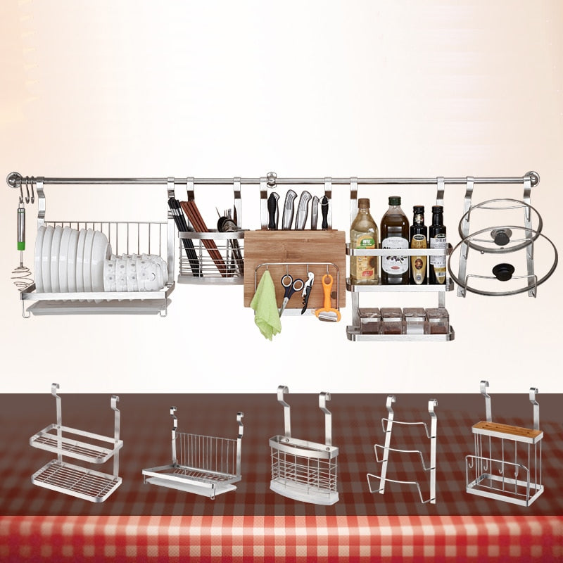 Stainless Steel Kitchen Shelf Rack Diy Wall Hanging Storage Holders Cross Tube Dish Pan Cover Racks Kitchen Organizer Tools 120cm Hang Rod 3 Story Spice Rack 60cm Hang Rod 90cm Hang Rod Cutting