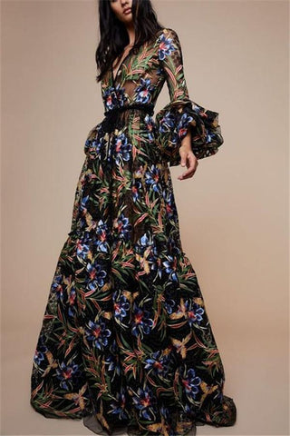 floral plunge ruffles layered hem evening dress