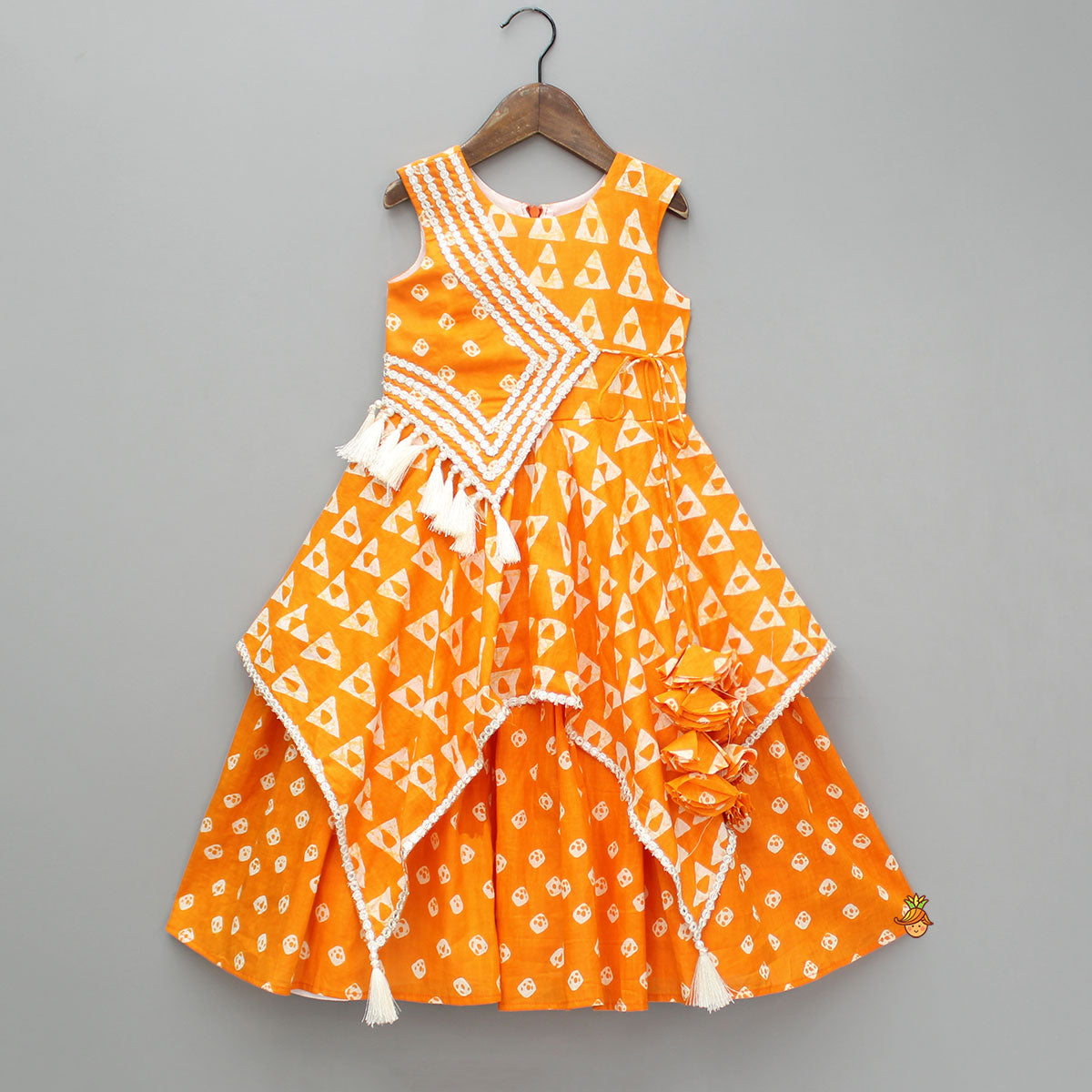 Pre Order: Orange Printed Kurti With Faux Mirror Work Flap - Little Muffet product image