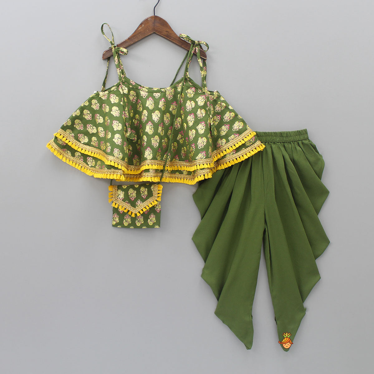 Olive Green Foil And Floral Printed Lace Work Top And Dhoti With Match