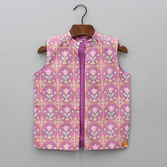 Pre Order: Patola Printed Open Jacket With Kurta And Lavender Pink Pant