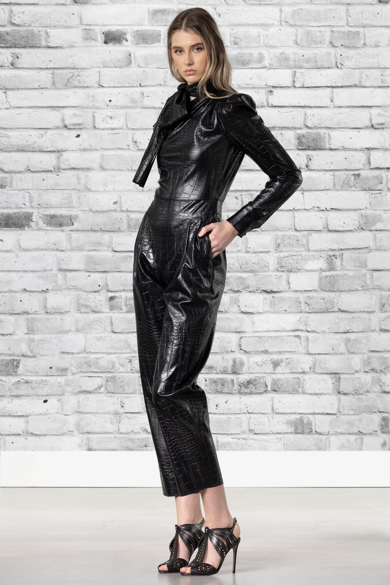 Womens-MSGM-Crocodile Print Faux Leather Jumpsuit