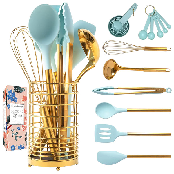 17 pcs Teal Blue & Gold Kitchen Utensils Set with Holder for Nonstick Cookware