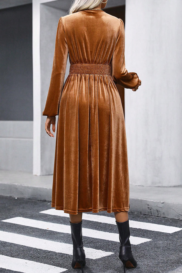 Surplice Puff Long Sleeve Velvet Waist Tie Wrap Midi Dress