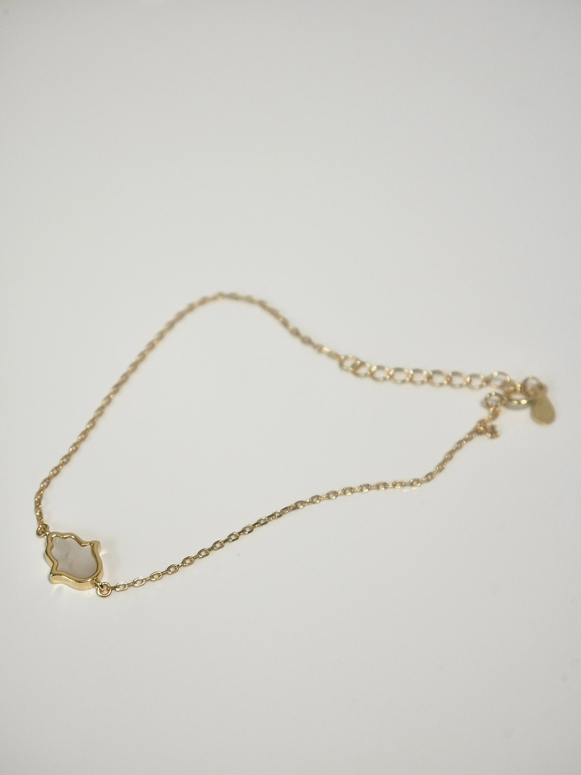 Hamsa Pearl Bracelet, 14k Gold Plated 925 Sterling Silver Lucky Mother of Pearl Hand Dainty Bracelet